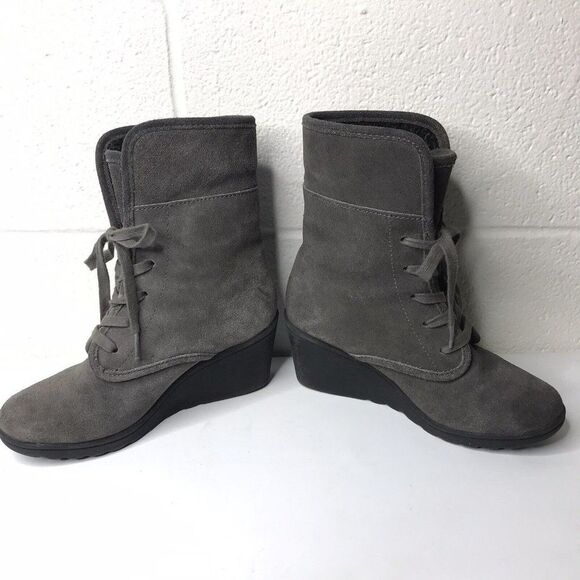 White Mountain Koko Wedge Ankle Boots Suede Charcoal Leather Lace Ties Size 6.5M - Picture 8 of 12